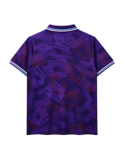 Fiorentina 1992-93 home jersey, front view, purple body with abstract crosshatch pattern, striped collar, Lotto logo, 7Up sponsor logo, diamond club crest
