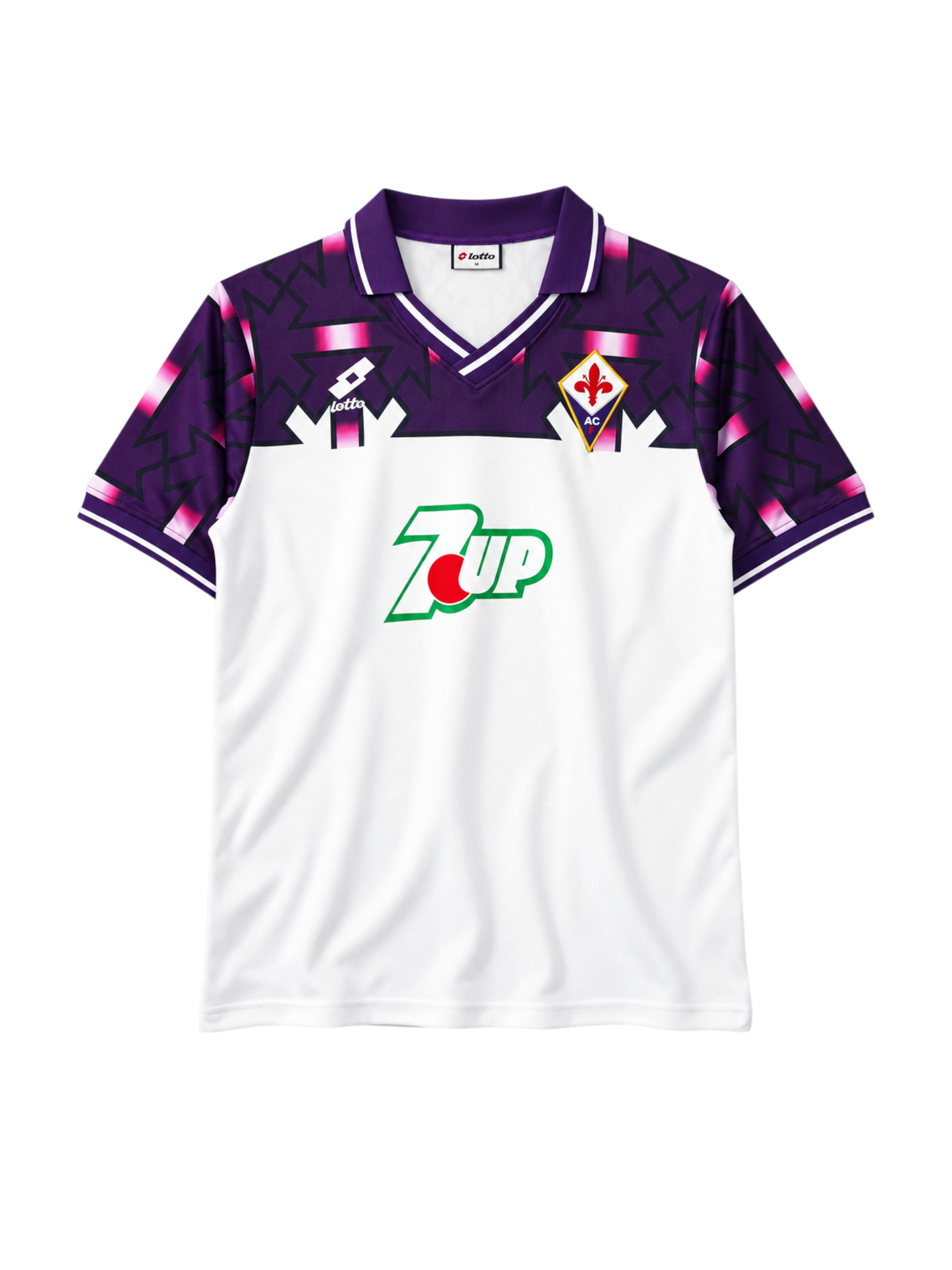 Fiorentina 1992-93 away jersey, front view, white body with purple geometric shoulder pattern, Lotto logo, 7Up sponsor logo, diamond club crest