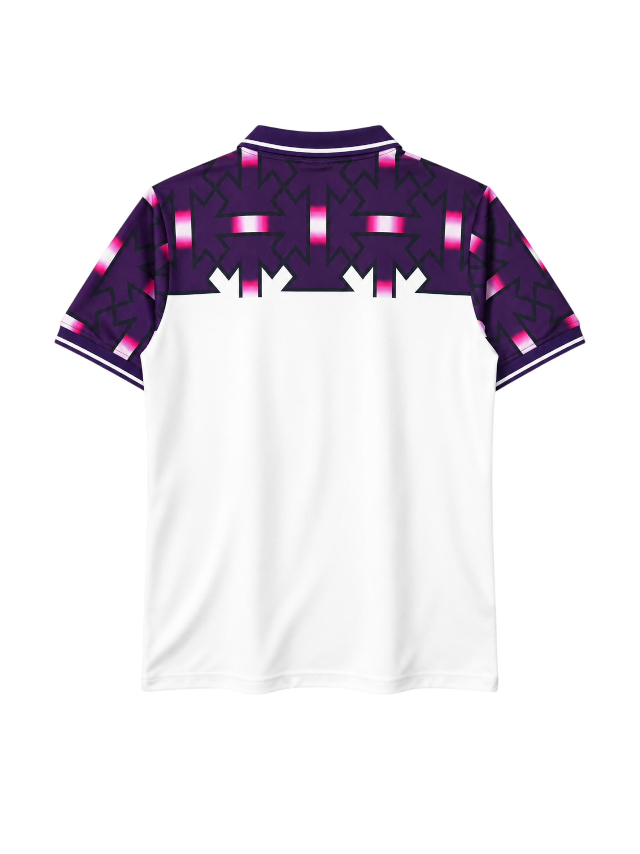 Fiorentina 1992-93 away jersey, front view, white body with purple geometric shoulder pattern, Lotto logo, 7Up sponsor logo, diamond club crest