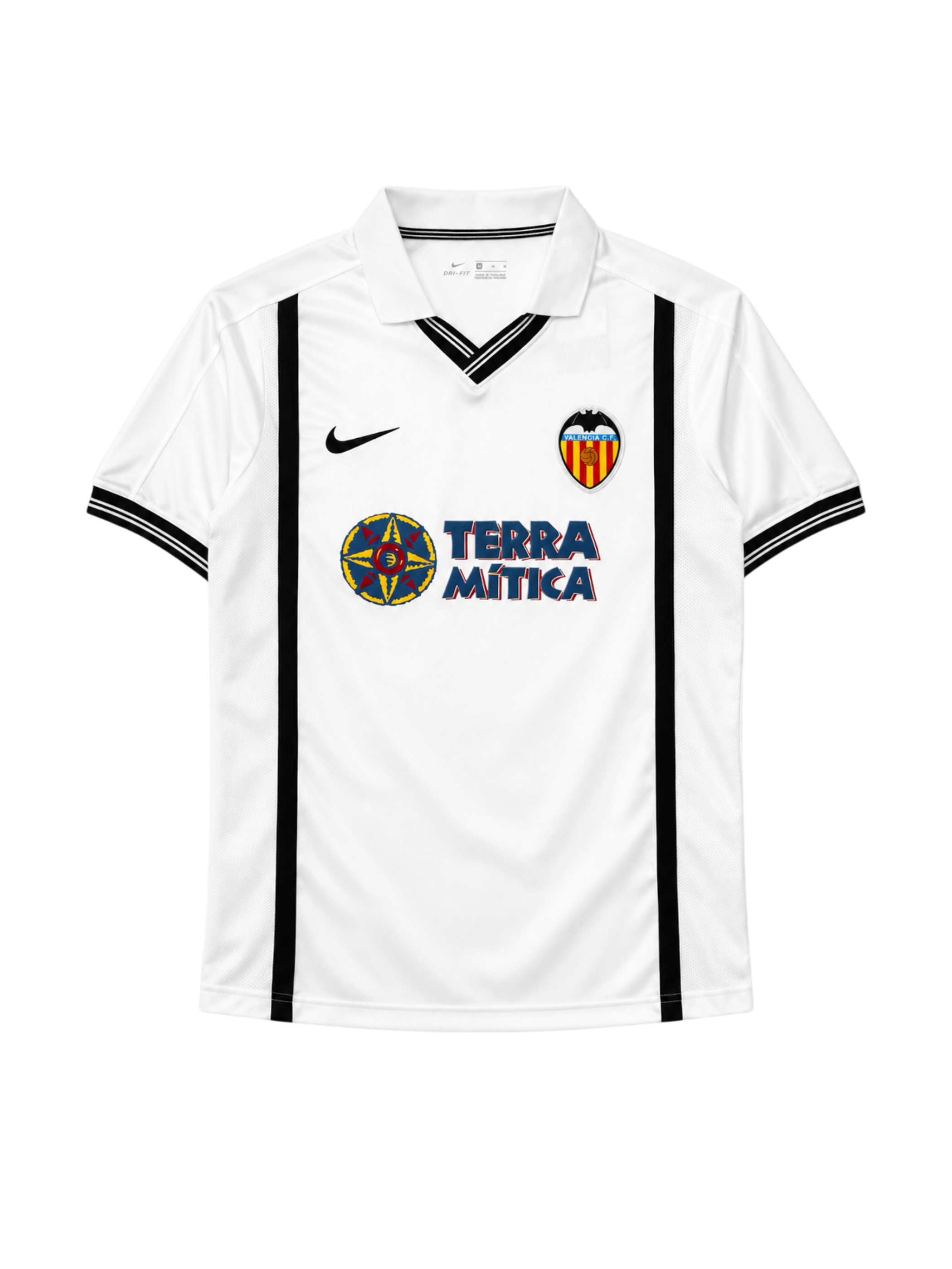 Valencia 2000-01 home jersey, front view, white body with black vertical stripes, Nike swoosh, Terra Mitica sponsor logo, club crest