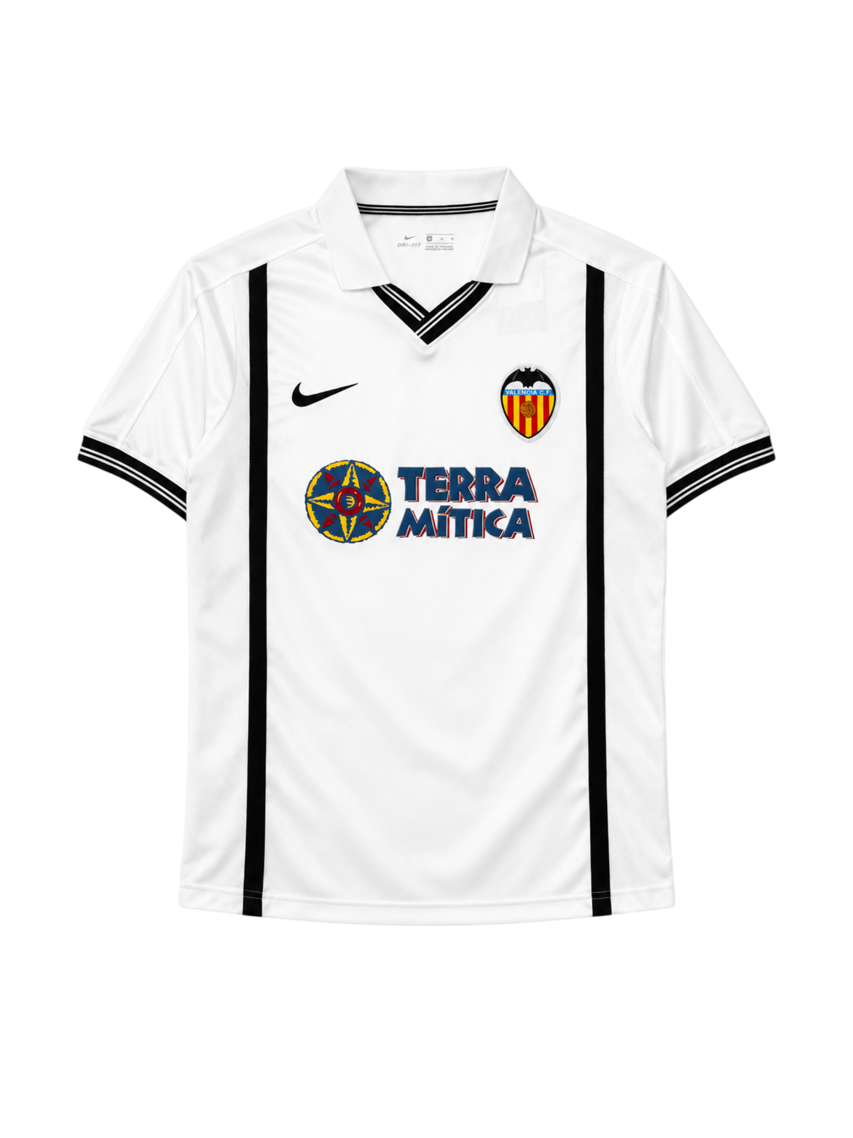 Valencia 2000-01 home jersey, front view, white body with black vertical stripes, Nike swoosh, Terra Mitica sponsor logo, club crest