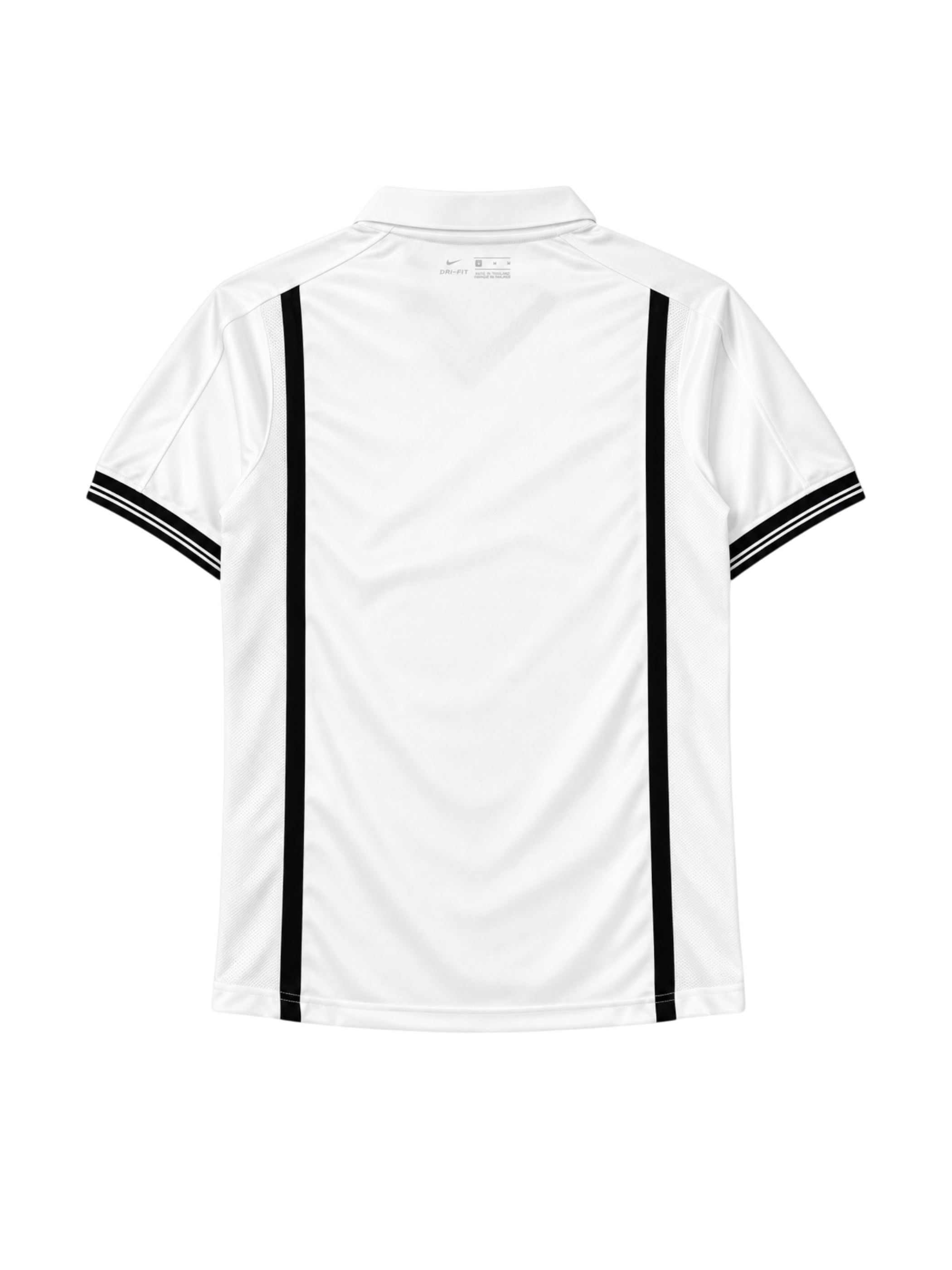 Valencia 2000-01 home jersey, front view, white body with black vertical stripes, Nike swoosh, Terra Mitica sponsor logo, club crest