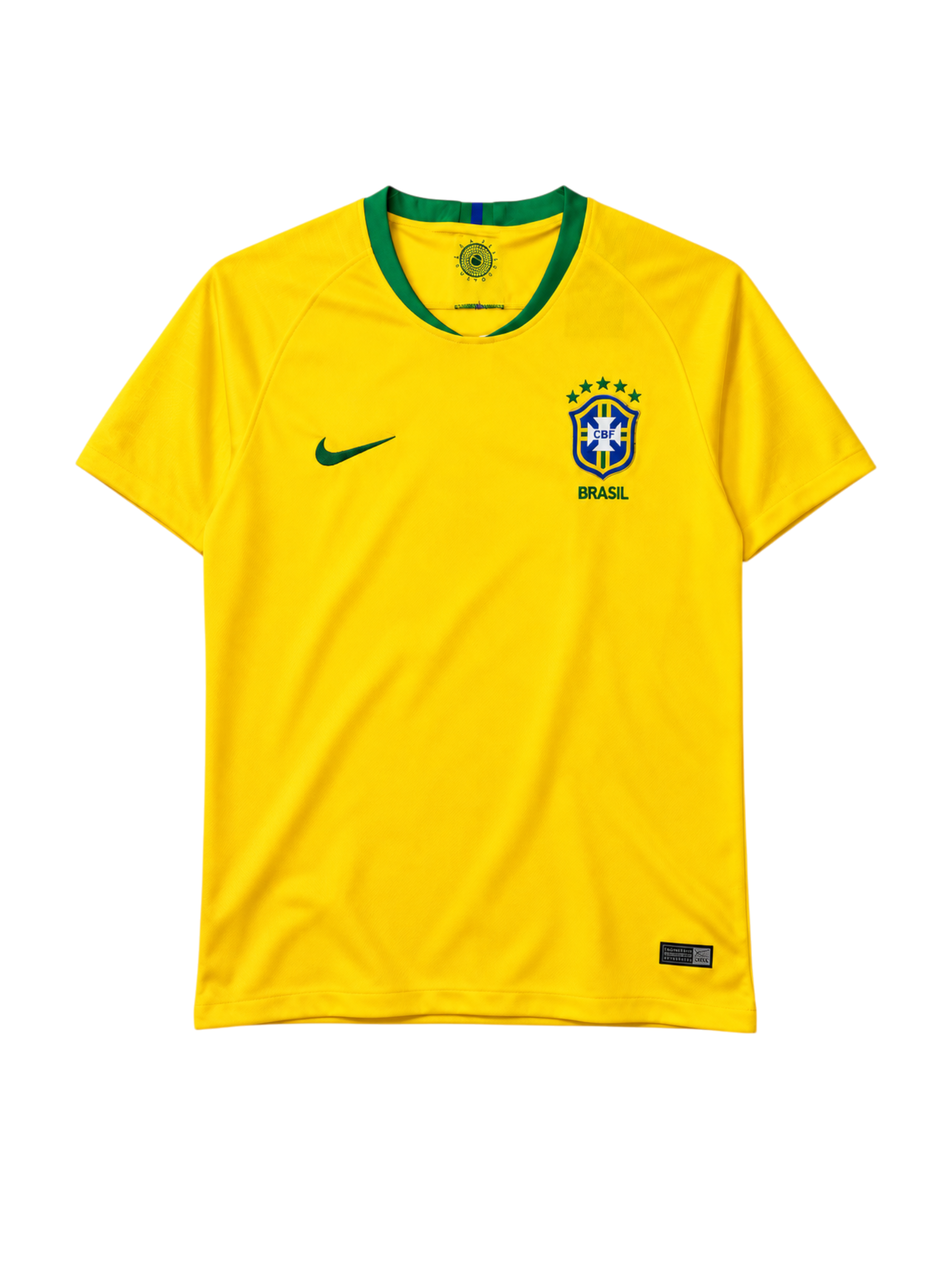 Brazil 2018 World Cup home jersey, front view, yellow body with green collar, Brasil lettering, Nike swoosh, CBF crest with five stars