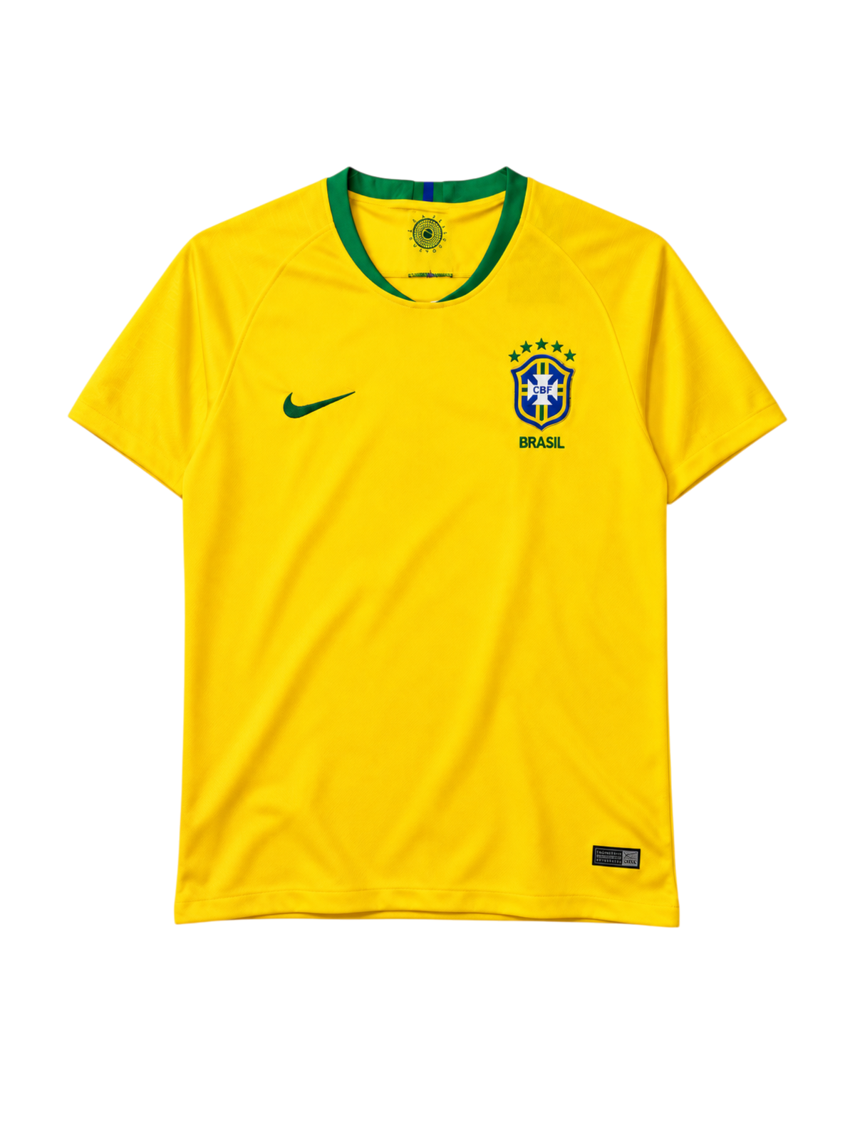Brazil 2018 World Cup home jersey, front view, yellow body with green collar, Brasil lettering, Nike swoosh, CBF crest with five stars
