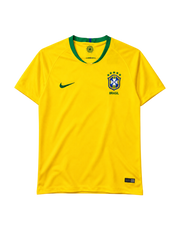 Brazil 2018 World Cup home jersey, front view, yellow body with green collar, Brasil lettering, Nike swoosh, CBF crest with five stars
