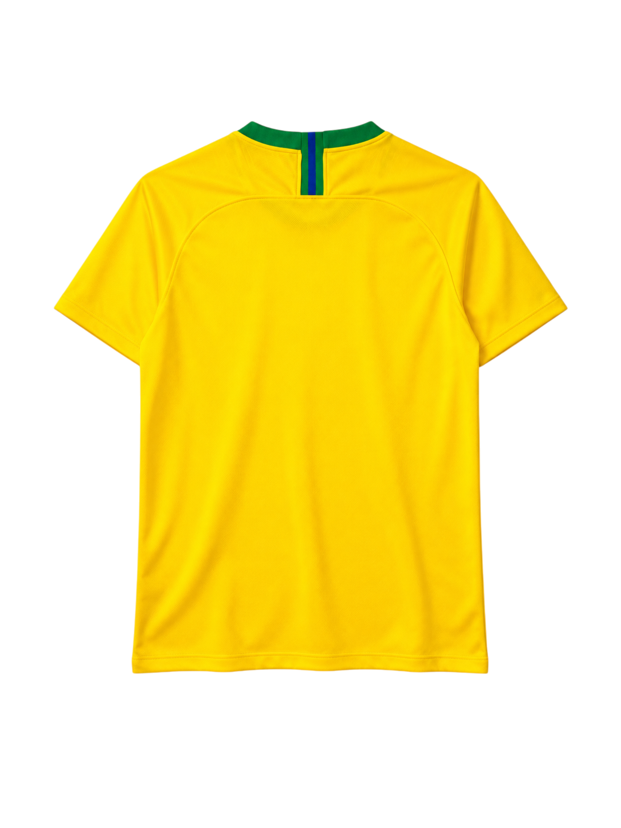 Brazil 2018 World Cup home jersey, front view, yellow body with green collar, Brasil lettering, Nike swoosh, CBF crest with five stars