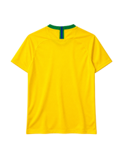 Brazil 2018 World Cup home jersey, front view, yellow body with green collar, Brasil lettering, Nike swoosh, CBF crest with five stars