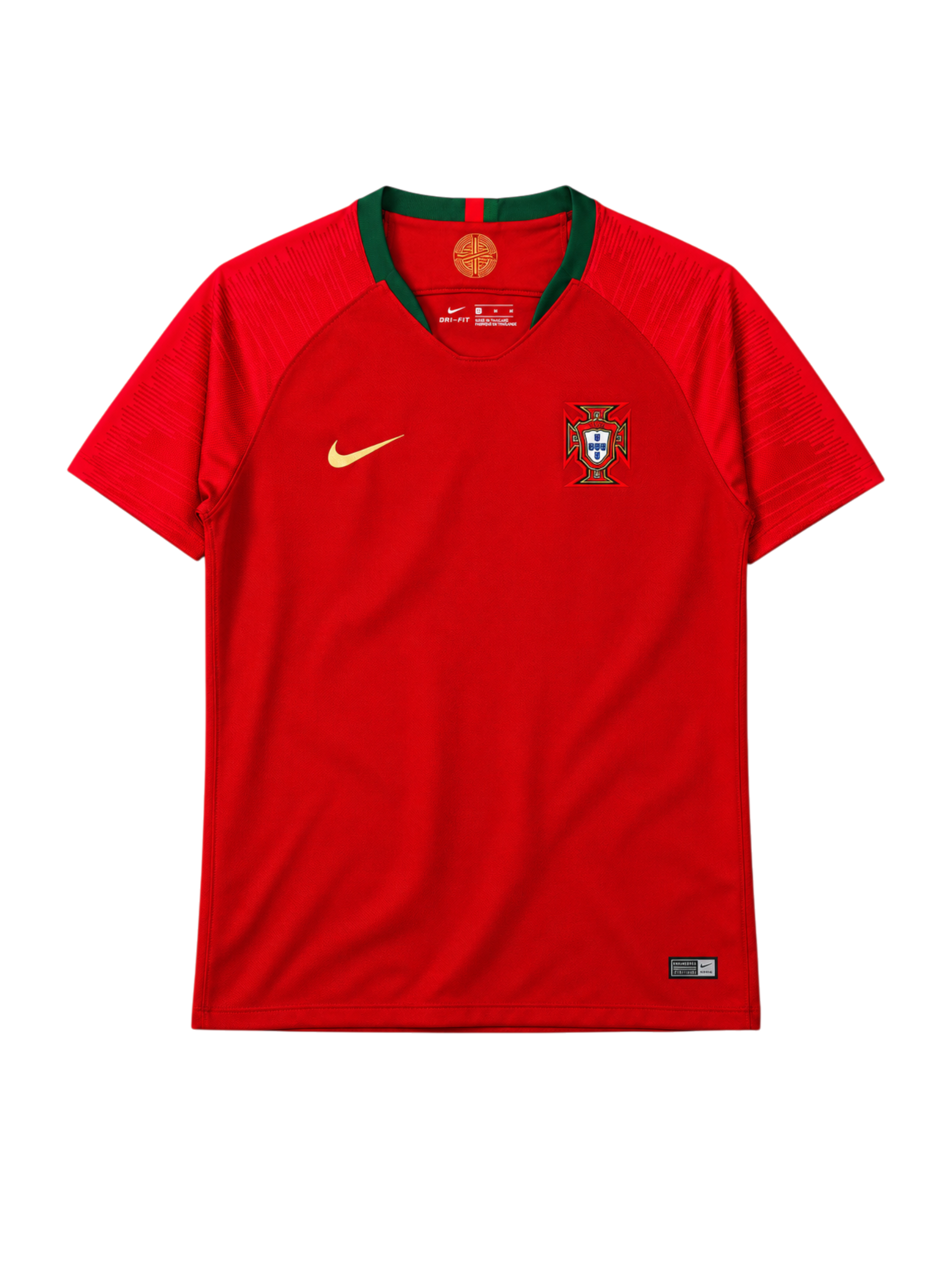 Portugal 2018 World Cup home jersey, front view, red body with green collar, textured shoulder pattern, Nike swoosh, Portuguese federation crest