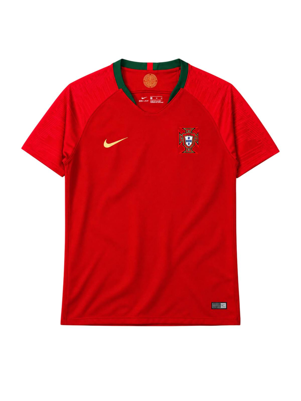 Portugal 2018 World Cup home jersey, front view, red body with green collar, textured shoulder pattern, Nike swoosh, Portuguese federation crest