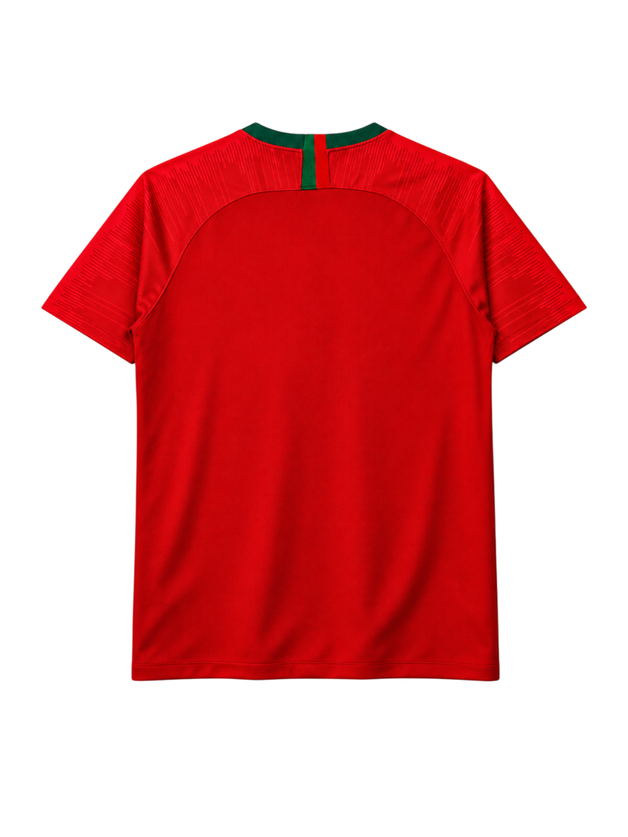 Portugal 2018 World Cup home jersey, front view, red body with green collar, textured shoulder pattern, Nike swoosh, Portuguese federation crest