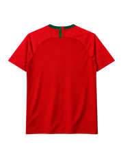 Portugal 2018 World Cup home jersey, front view, red body with green collar, textured shoulder pattern, Nike swoosh, Portuguese federation crest