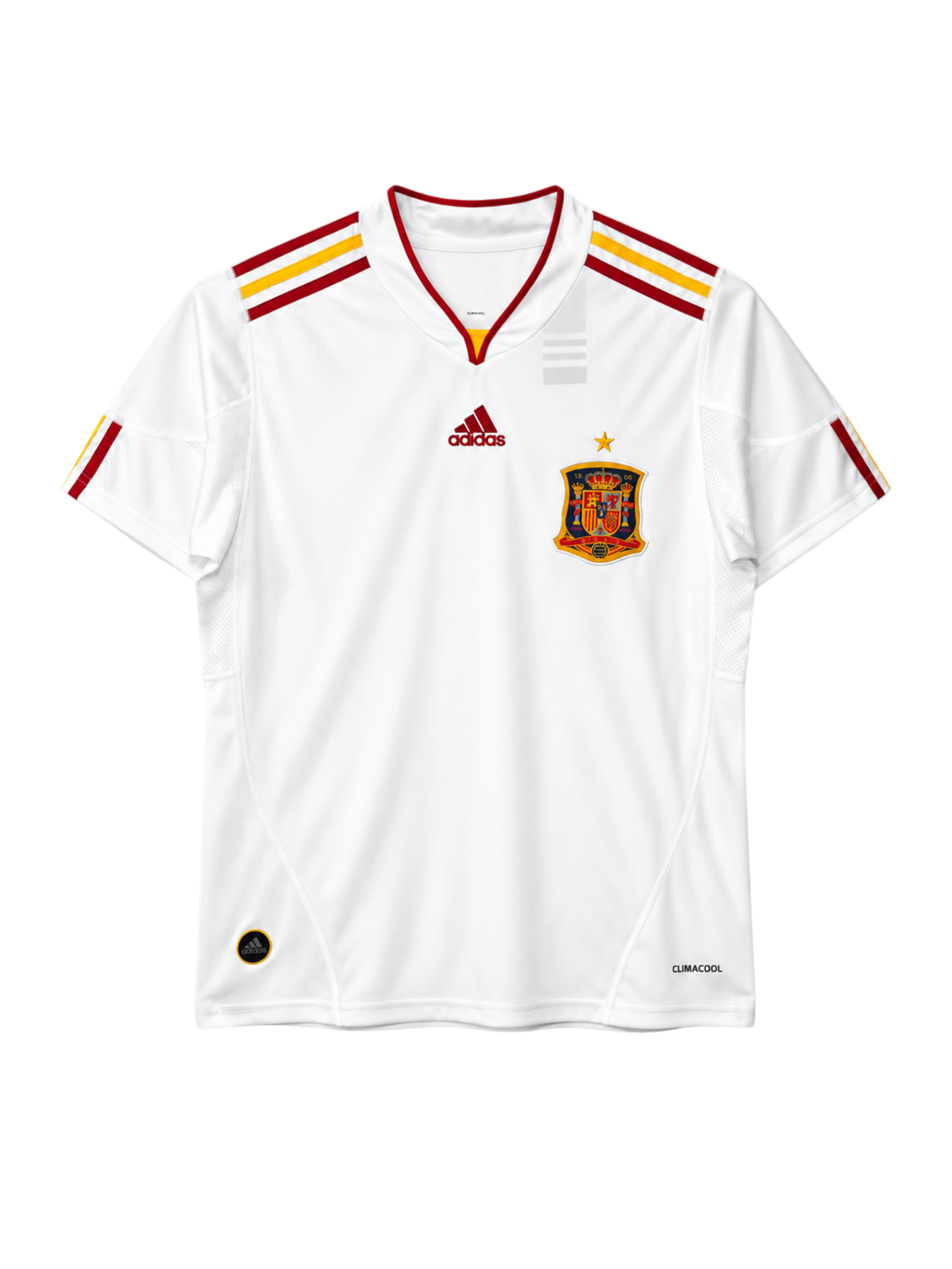 Spain 2011-12 away jersey, front view, white body with red and yellow shoulder stripes, adidas logo, Spanish federation crest with gold star