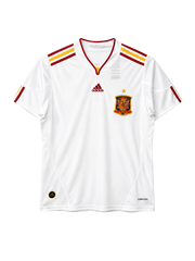 Spain 2011-12 away jersey, front view, white body with red and yellow shoulder stripes, adidas logo, Spanish federation crest with gold star