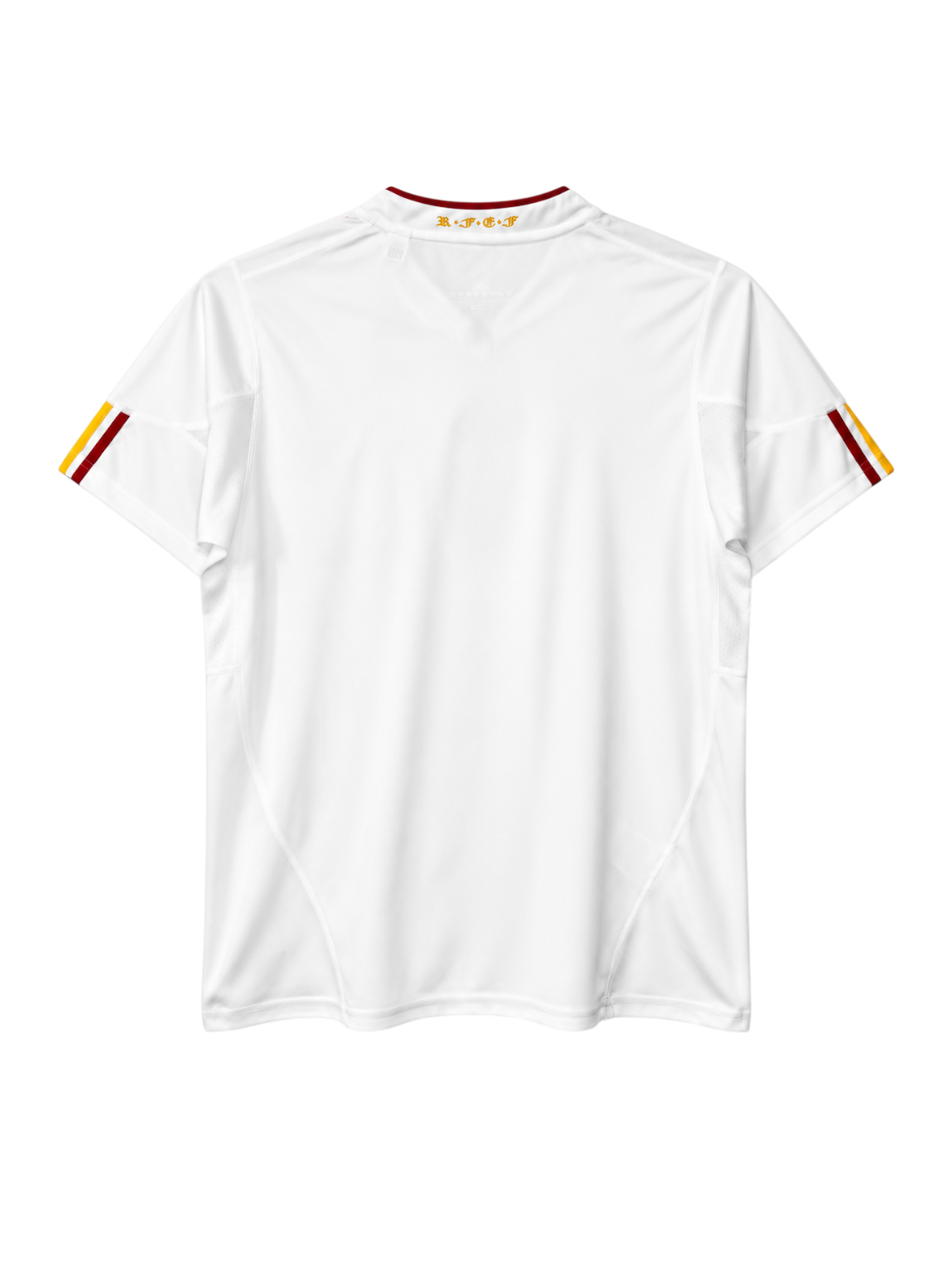 Spain 2011-12 away jersey, front view, white body with red and yellow shoulder stripes, adidas logo, Spanish federation crest with gold star