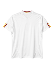 Spain 2011-12 away jersey, front view, white body with red and yellow shoulder stripes, adidas logo, Spanish federation crest with gold star