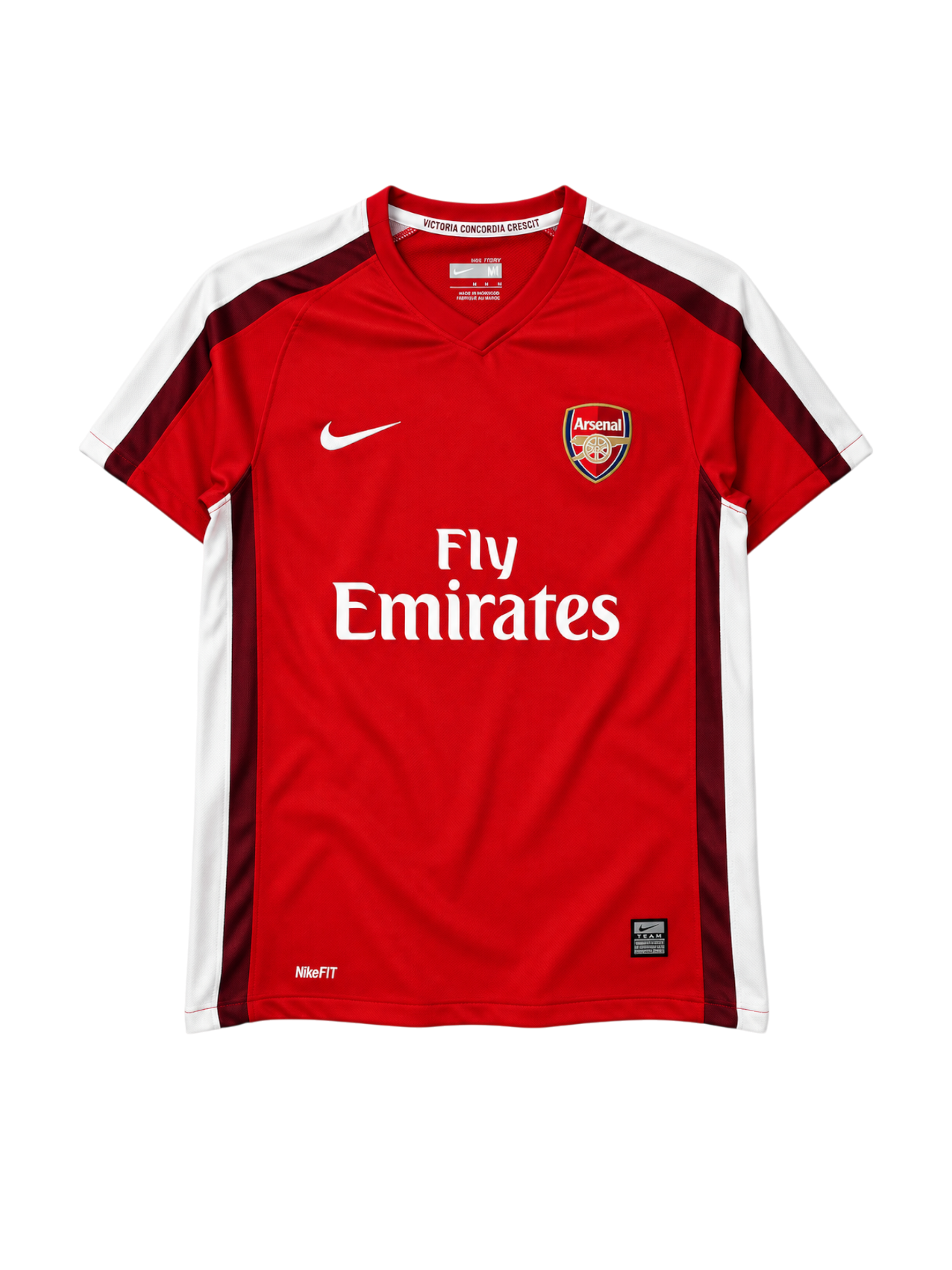 Arsenal 2008-09 home jersey, front view, red body with maroon and white sleeve stripes, Nike swoosh, Fly Emirates sponsor logo, club crest