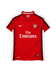 Arsenal 2008-09 home jersey, front view, red body with maroon and white sleeve stripes, Nike swoosh, Fly Emirates sponsor logo, club crest