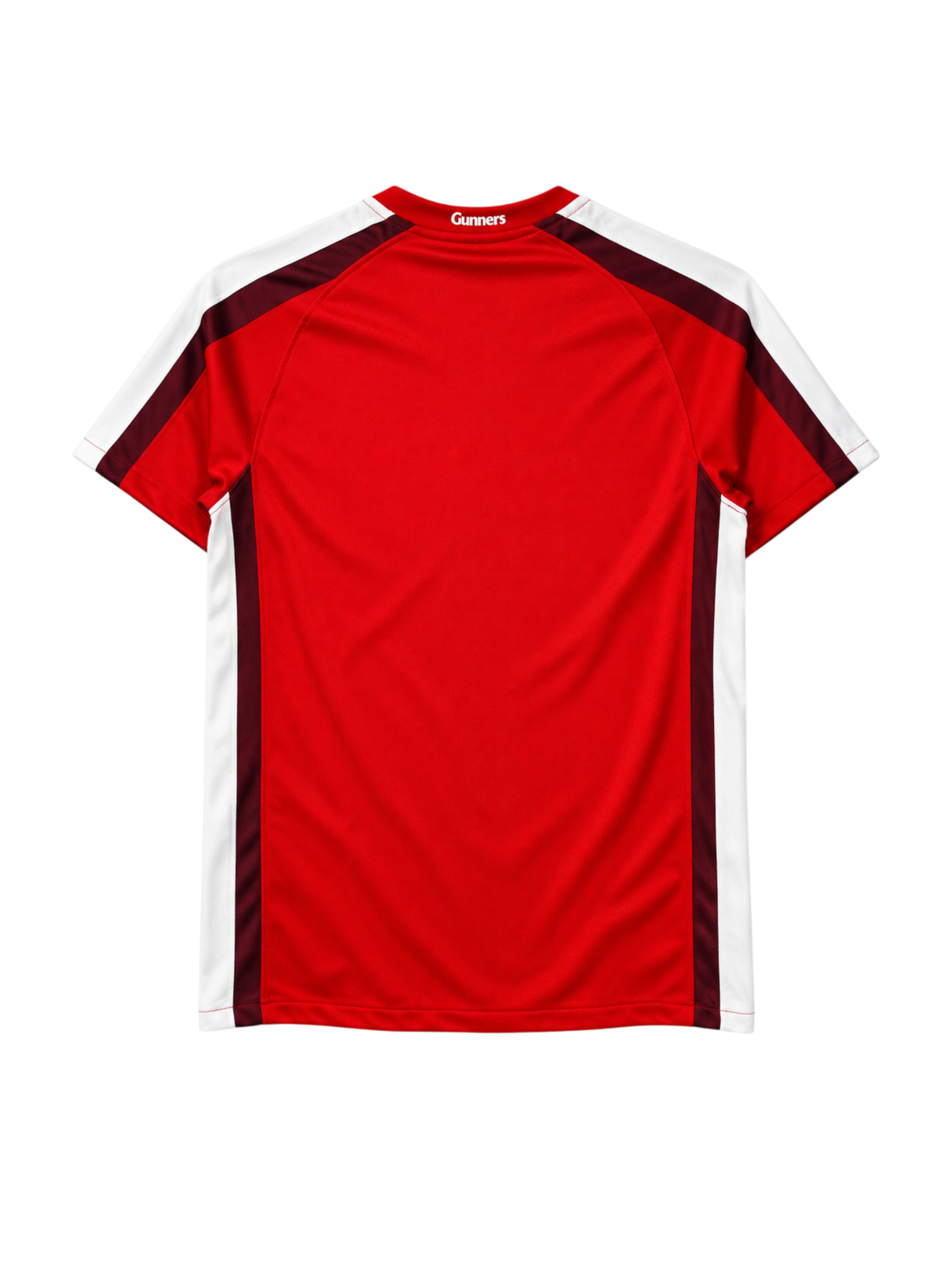 Arsenal 2008-09 home jersey, front view, red body with maroon and white sleeve stripes, Nike swoosh, Fly Emirates sponsor logo, club crest