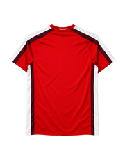 Arsenal 2008-09 home jersey, front view, red body with maroon and white sleeve stripes, Nike swoosh, Fly Emirates sponsor logo, club crest