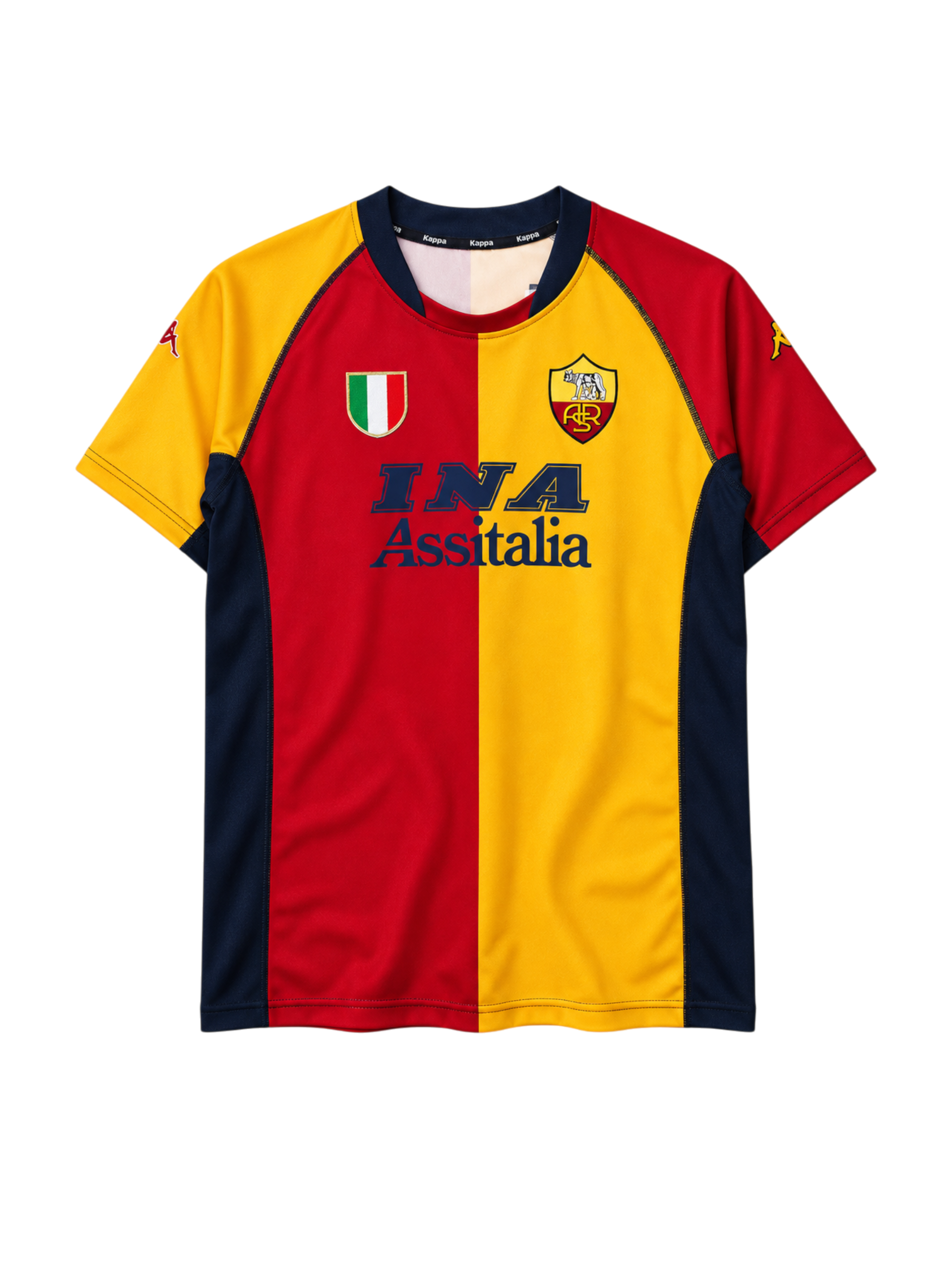 AS Roma 2001-02 home jersey, front view, split red and yellow body, navy sleeves and collar, Scudetto shield, club crest, INA Assitalia sponsor logo