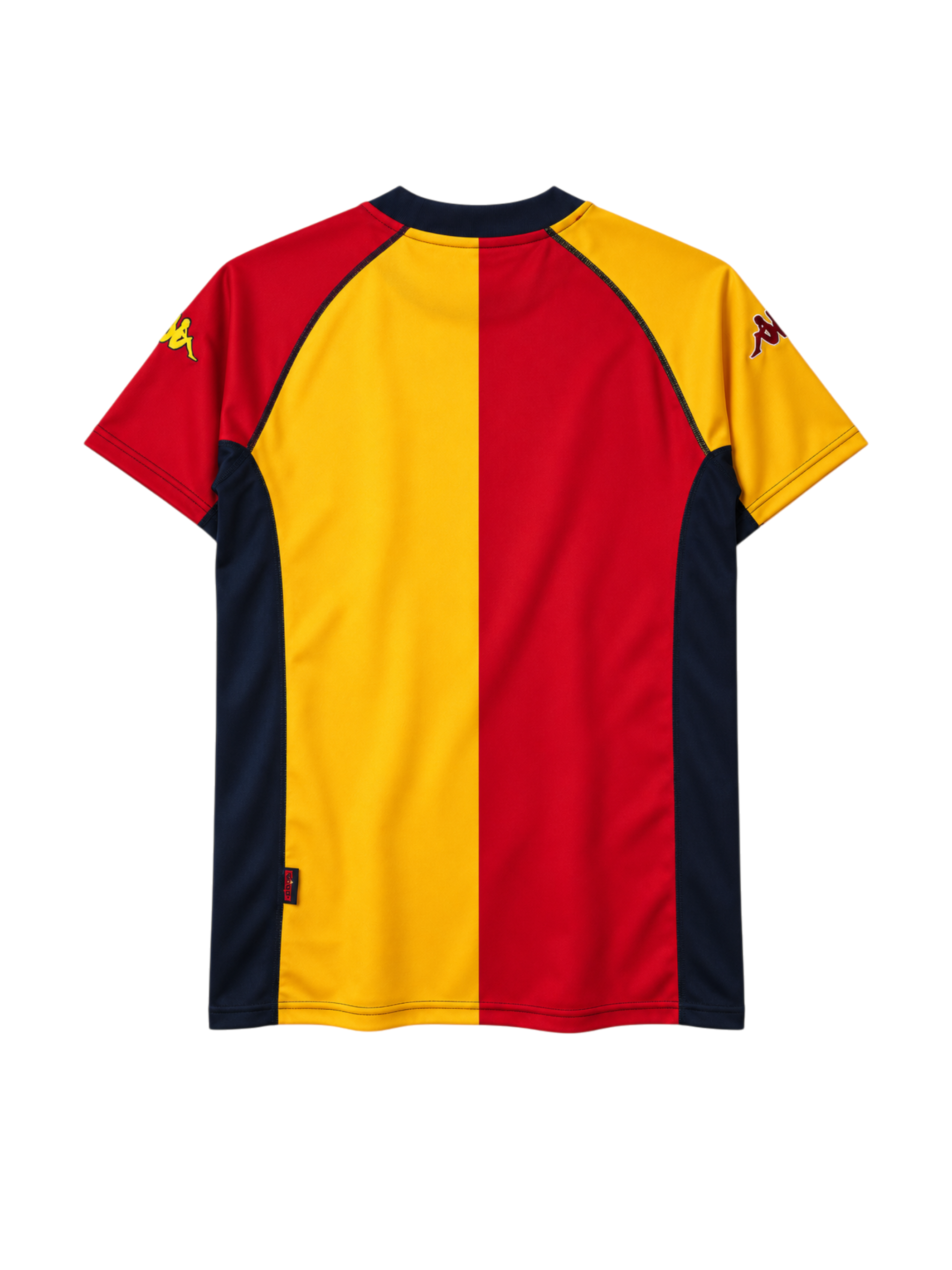 AS Roma 2001-02 home jersey, front view, split red and yellow body, navy sleeves and collar, Scudetto shield, club crest, INA Assitalia sponsor logo