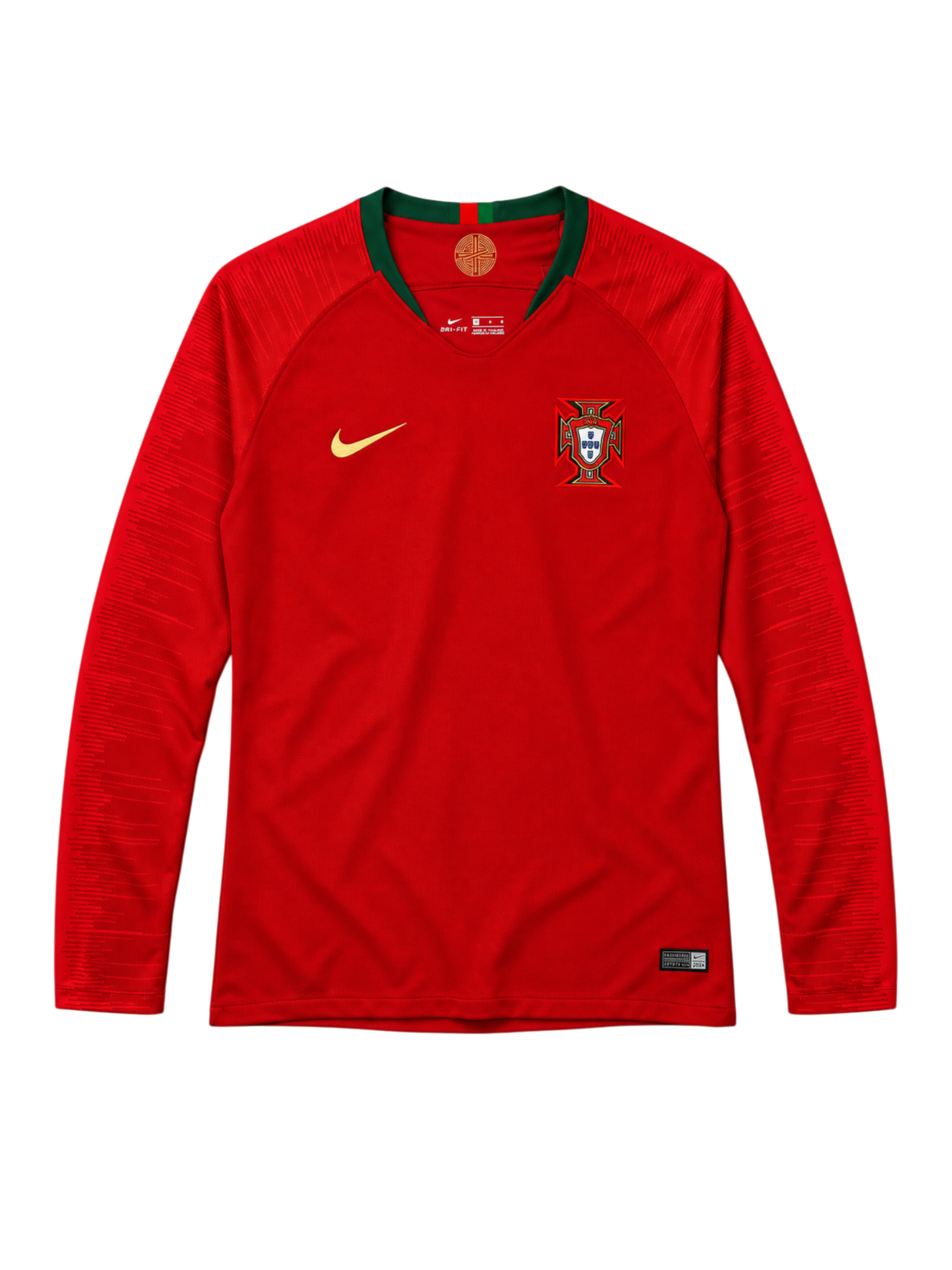 Portugal 2018 World Cup long-sleeve home jersey, front view, red body with green collar, textured shoulder pattern, Nike swoosh, Portuguese federation crest