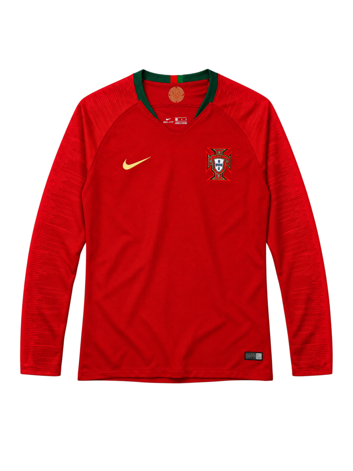 Portugal 2018 World Cup long-sleeve home jersey, front view, red body with green collar, textured shoulder pattern, Nike swoosh, Portuguese federation crest