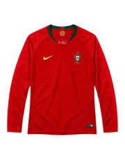 Portugal 2018 World Cup long-sleeve home jersey, front view, red body with green collar, textured shoulder pattern, Nike swoosh, Portuguese federation crest