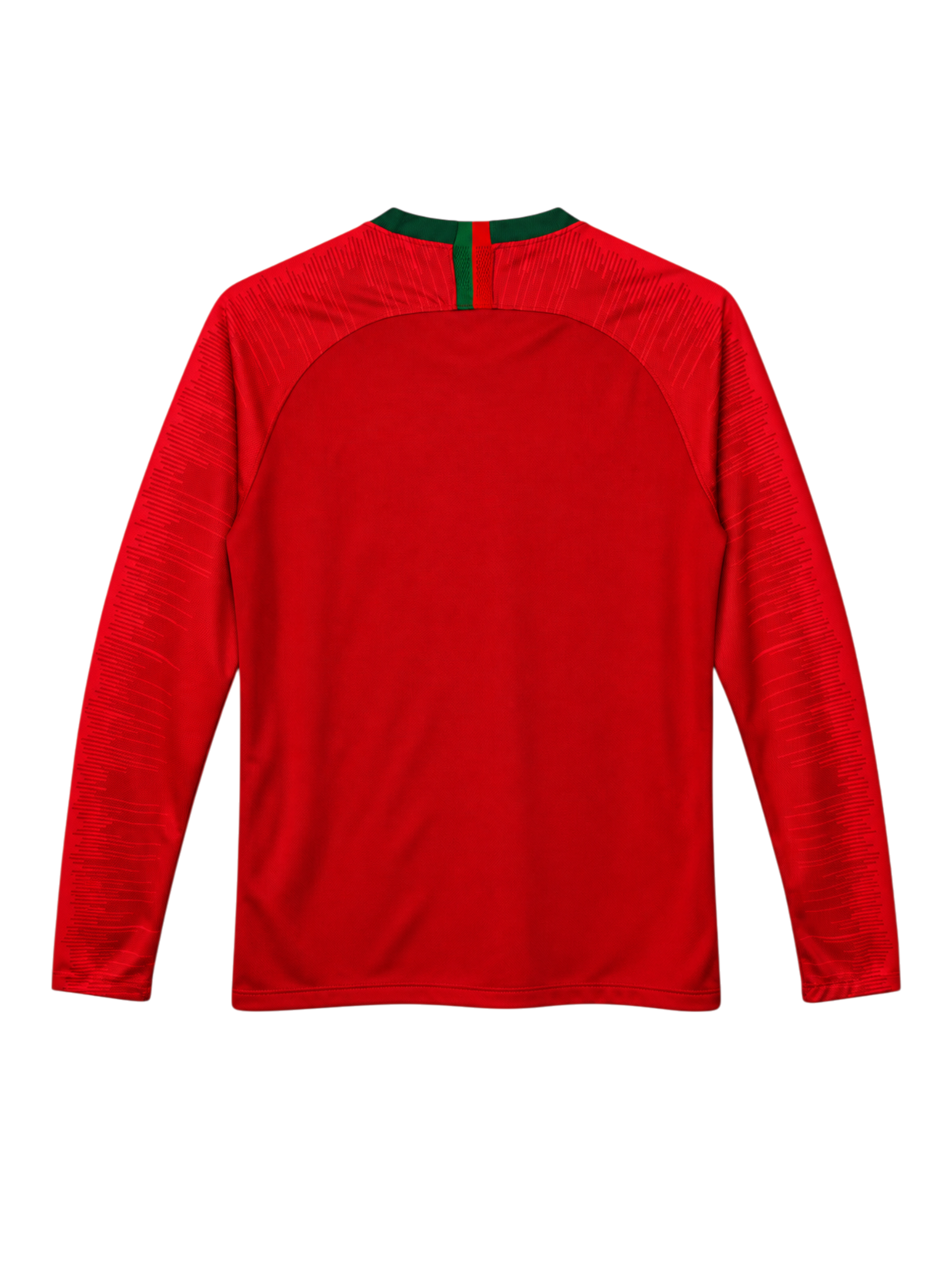 Portugal 2018 World Cup long-sleeve home jersey, front view, red body with green collar, textured shoulder pattern, Nike swoosh, Portuguese federation crest