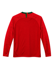 Portugal 2018 World Cup long-sleeve home jersey, front view, red body with green collar, textured shoulder pattern, Nike swoosh, Portuguese federation crest