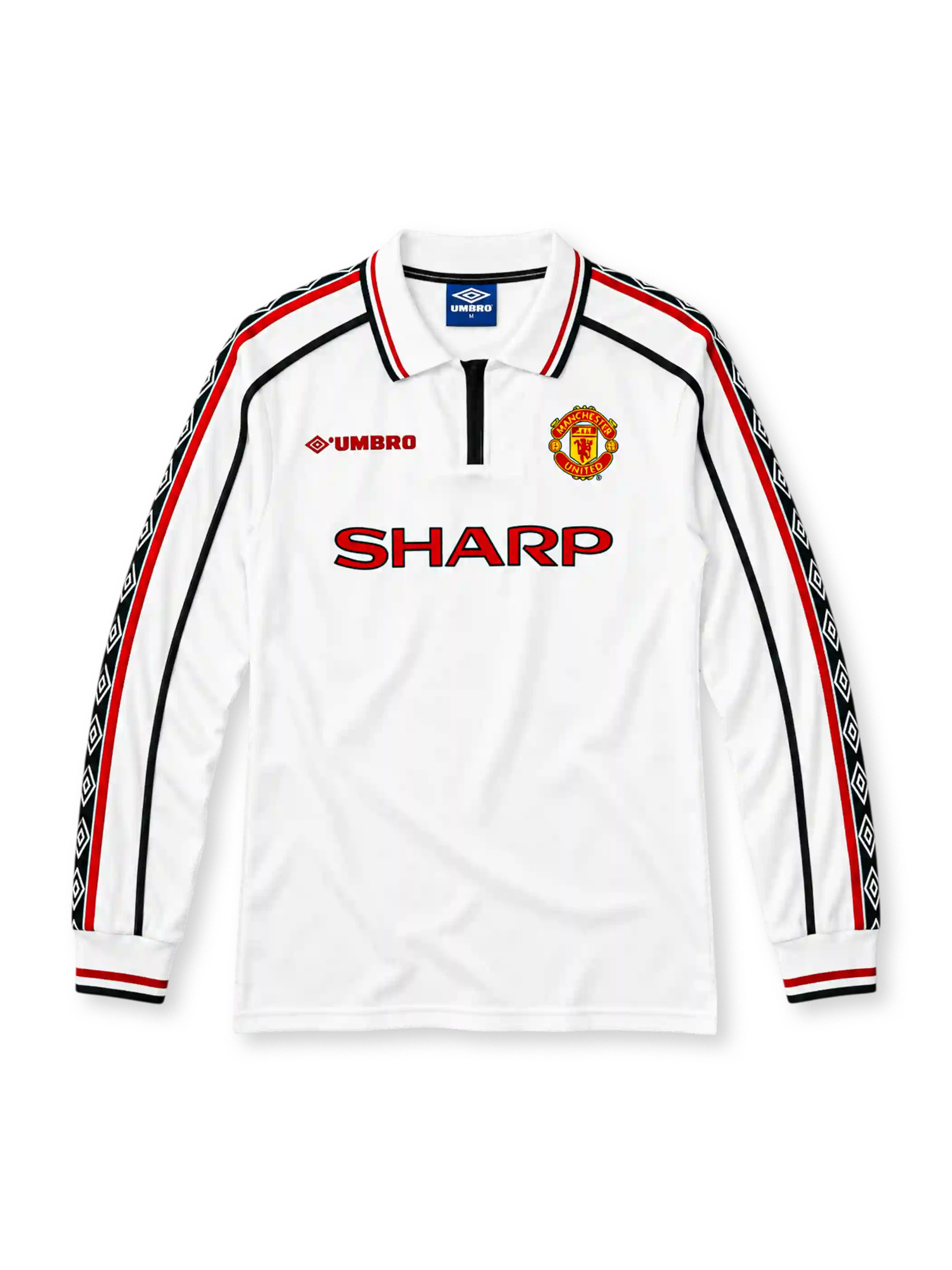 Manchester United 1998-99 long-sleeve away jersey in white with Sharp sponsor and diamond trim