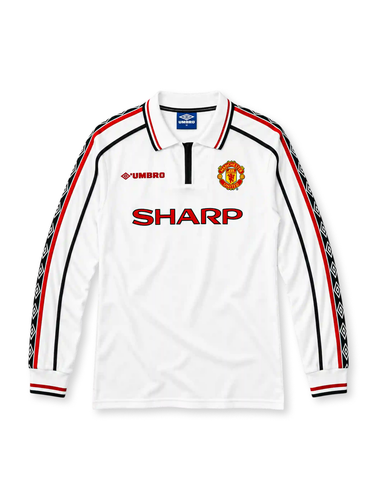 Manchester United 1998-99 long-sleeve away jersey in white with Sharp sponsor and diamond trim