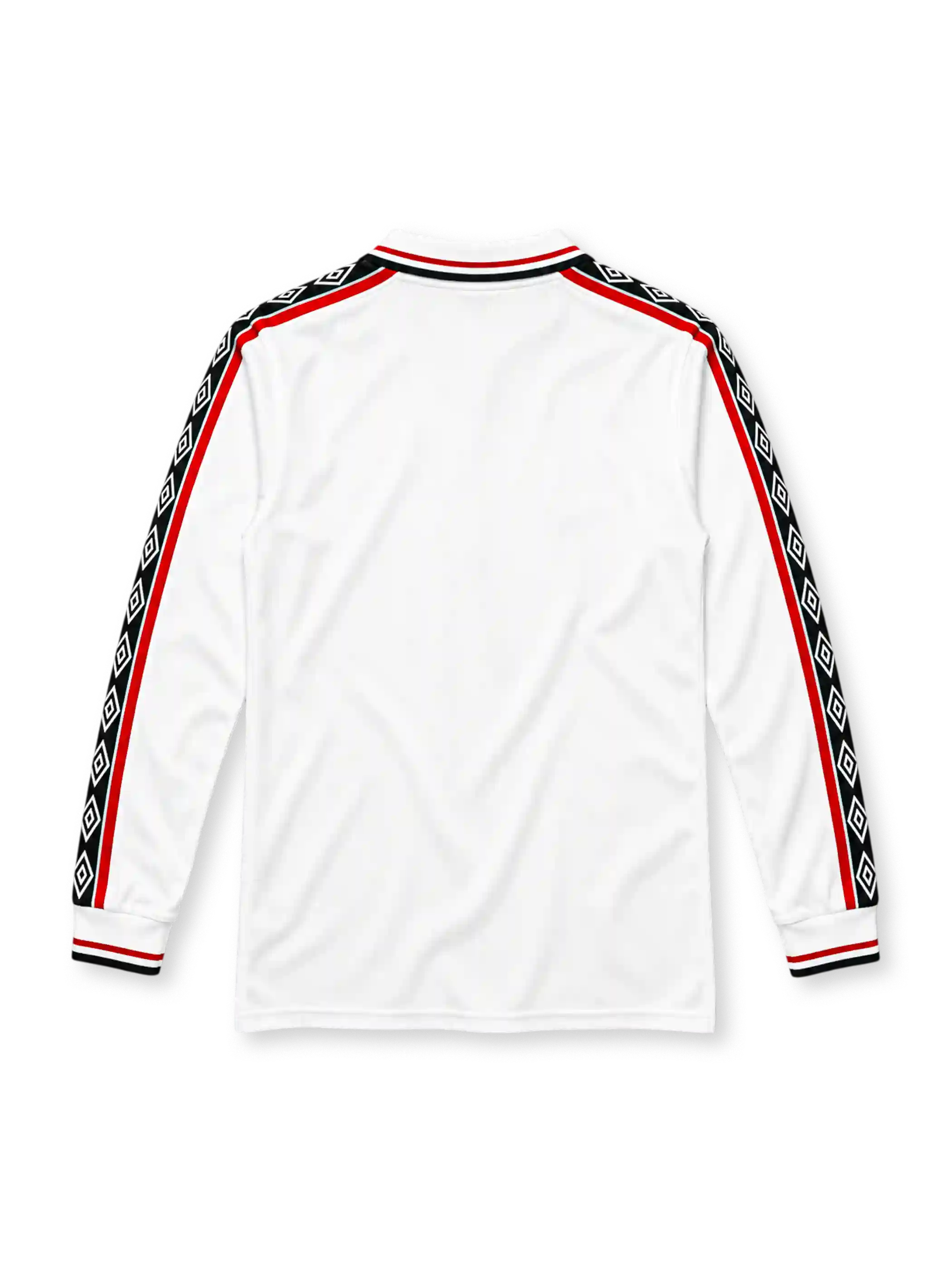 Manchester United 1998-99 long-sleeve away jersey in white with Sharp sponsor and diamond trim