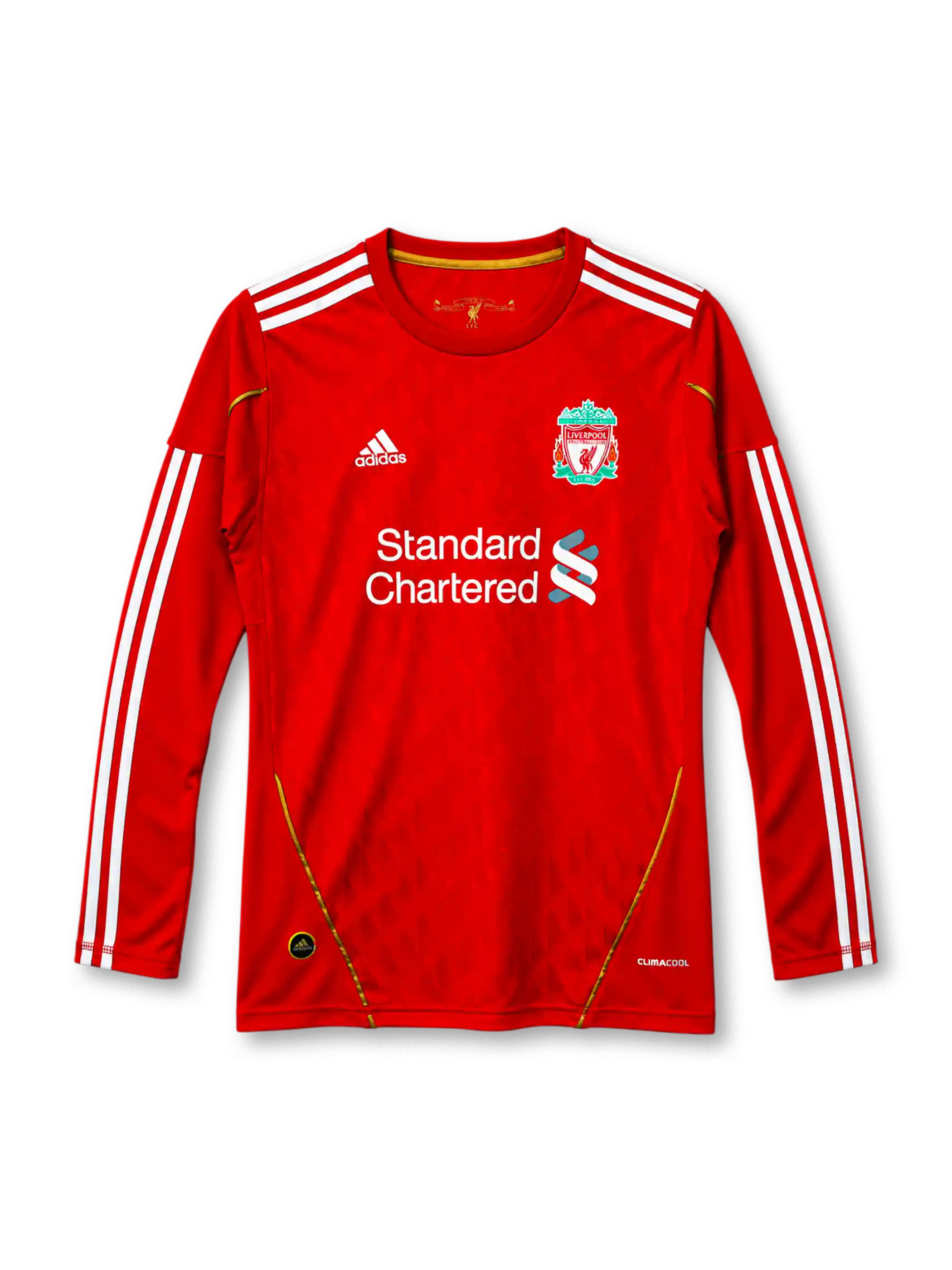 Liverpool 2010-11 long-sleeve home jersey in red with Standard Chartered sponsor and gold piping