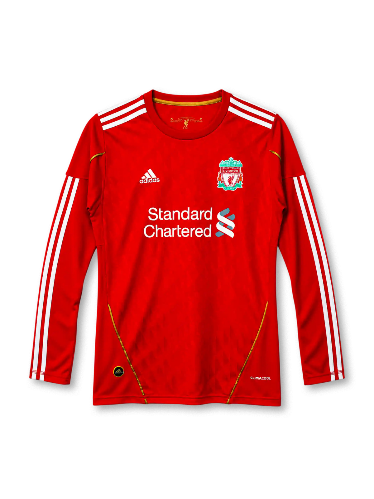 Liverpool 2010-11 long-sleeve home jersey in red with Standard Chartered sponsor and gold piping