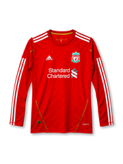 Liverpool 2010-11 long-sleeve home jersey in red with Standard Chartered sponsor and gold piping