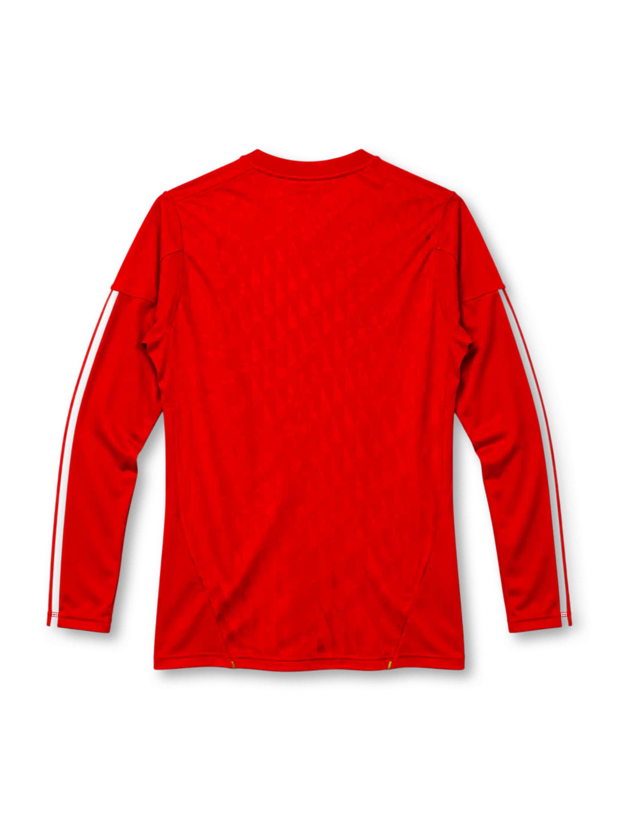 Liverpool 2010-11 long-sleeve home jersey in red with Standard Chartered sponsor and gold piping