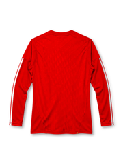 Liverpool 2010-11 long-sleeve home jersey in red with Standard Chartered sponsor and gold piping