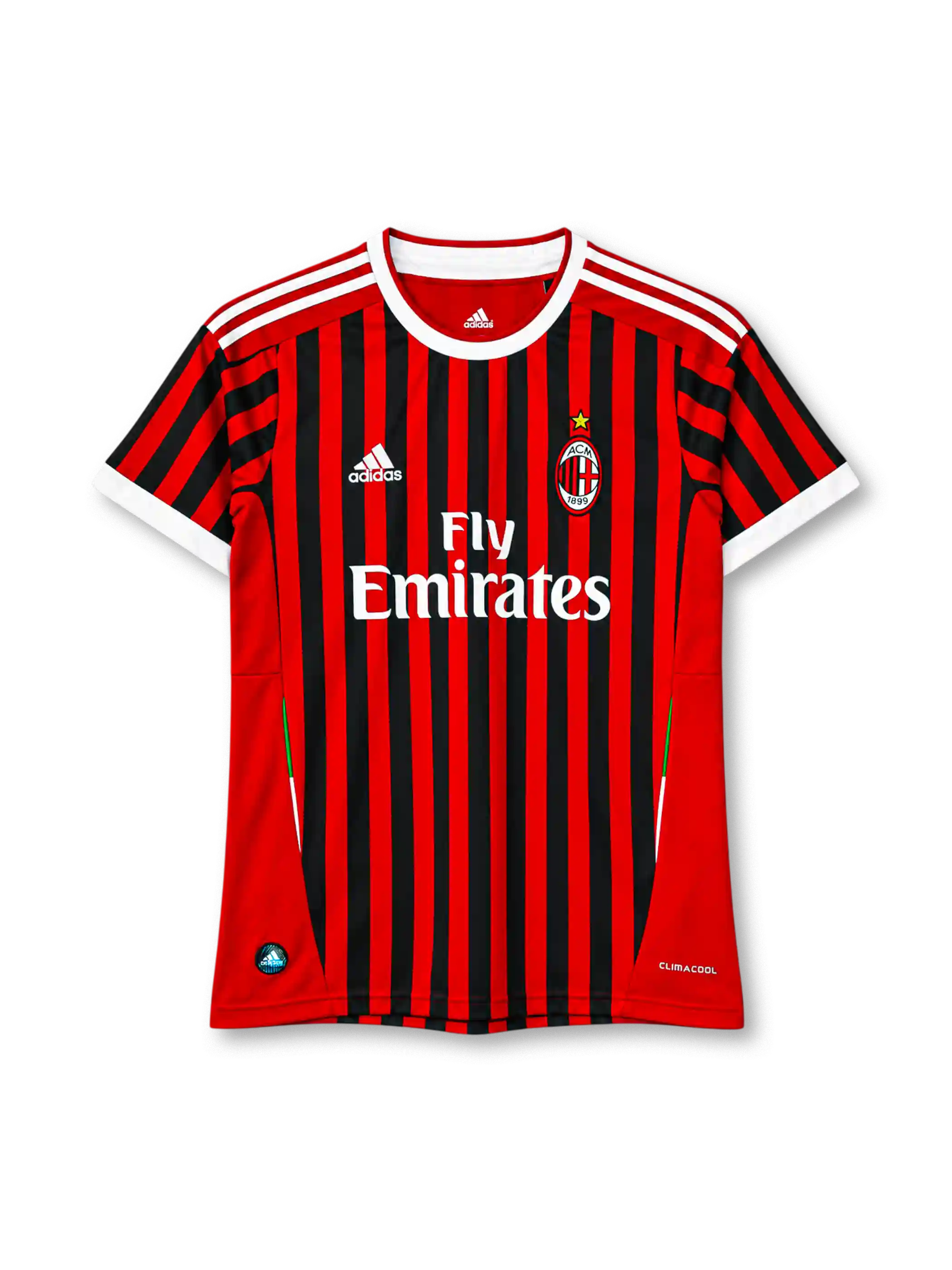 AC Milan 2011-12 home jersey in red and black stripes with Fly Emirates sponsor and white trim