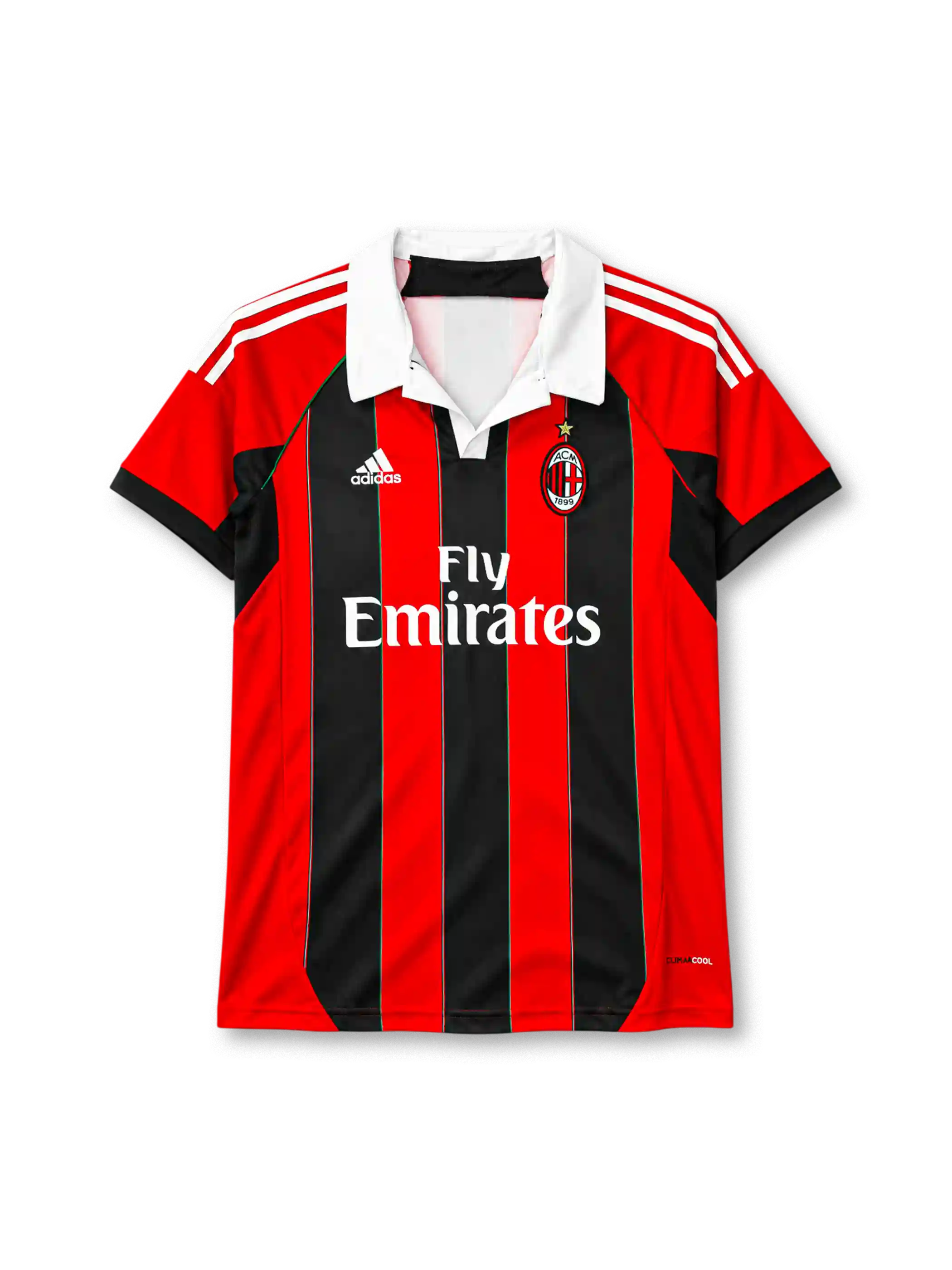 AC Milan 2012-13 home jersey in red and black stripes with Fly Emirates sponsor and white polo collar