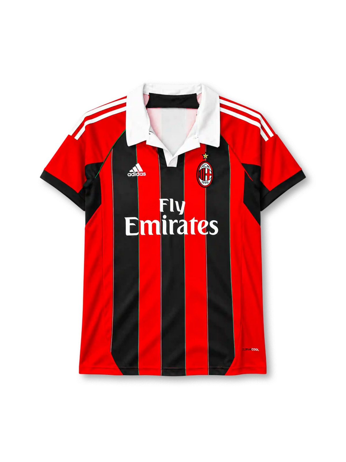 AC Milan 2012-13 home jersey in red and black stripes with Fly Emirates sponsor and white polo collar