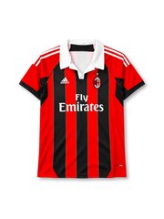 AC Milan 2012-13 home jersey in red and black stripes with Fly Emirates sponsor and white polo collar
