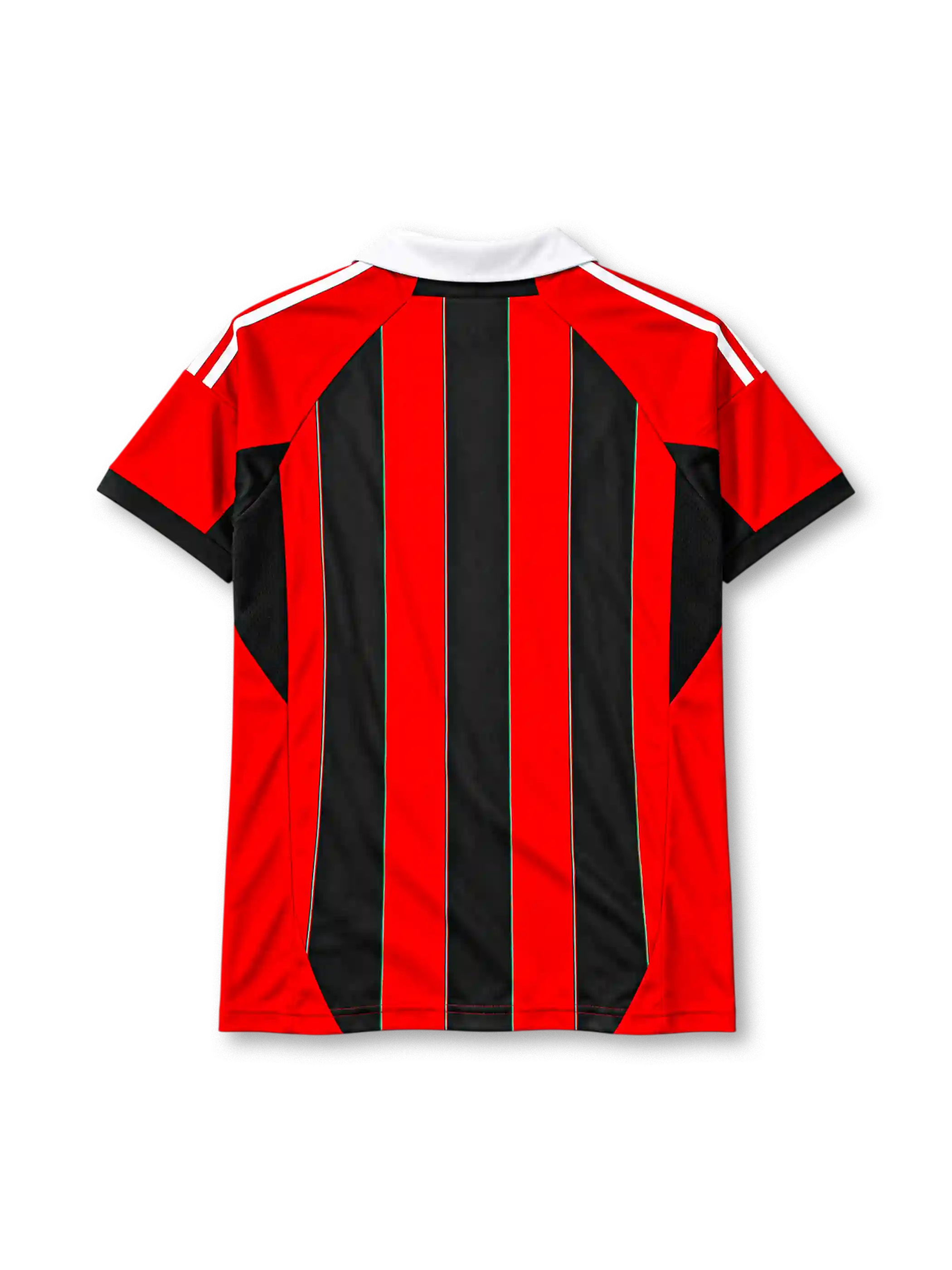 AC Milan 2012-13 home jersey in red and black stripes with Fly Emirates sponsor and white polo collar