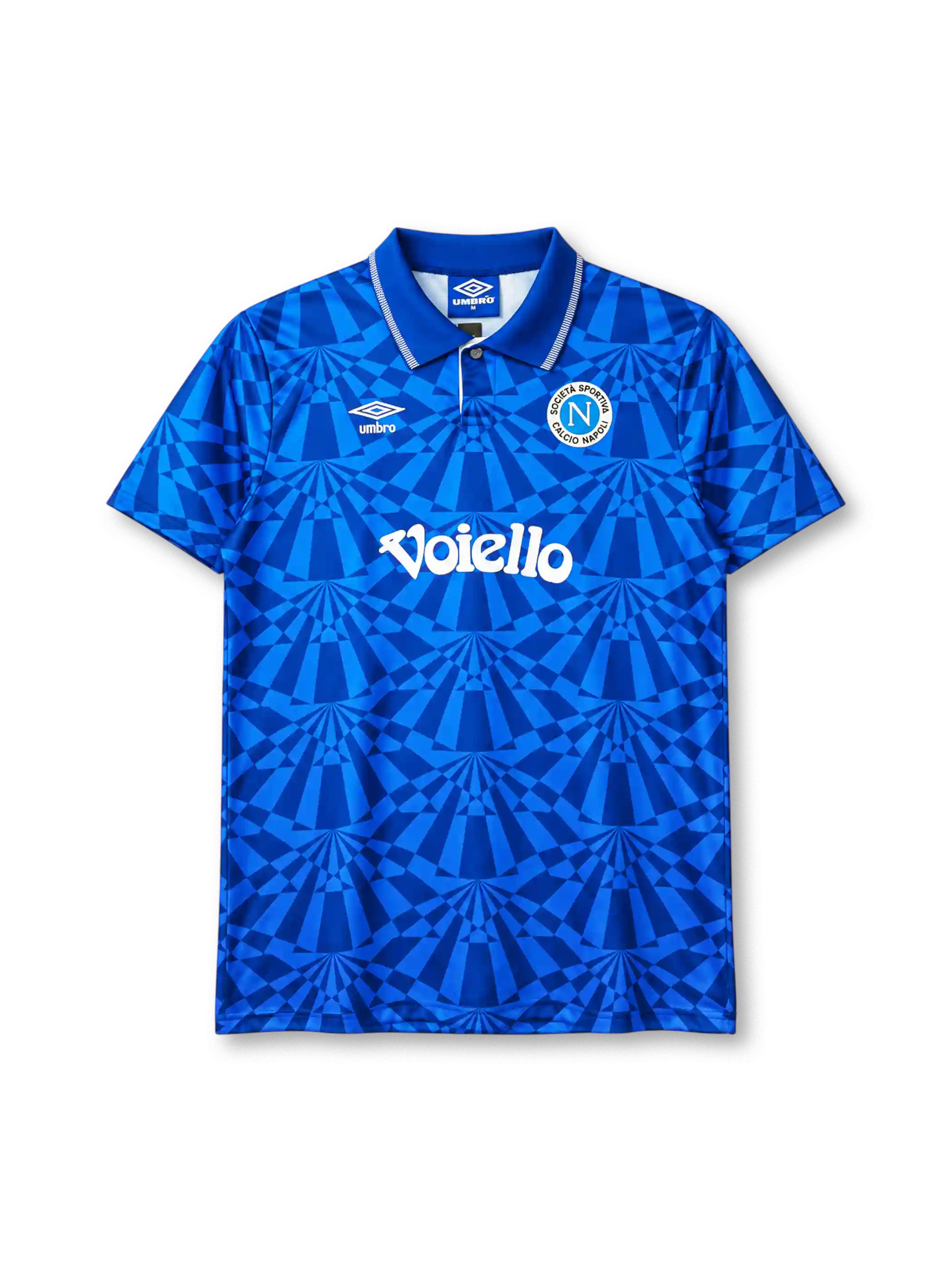 Napoli 1991-93 home jersey in blue with geometric pattern and Voiello sponsor