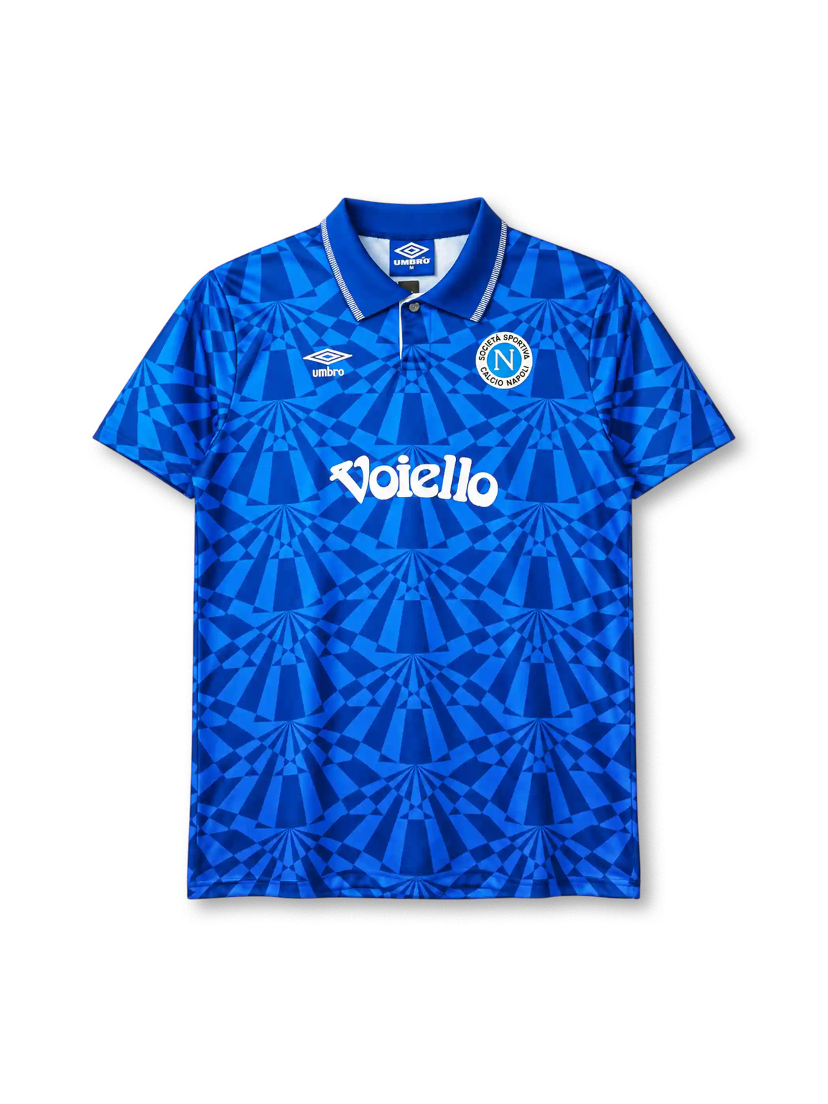 Napoli 1991-93 home jersey in blue with geometric pattern and Voiello sponsor