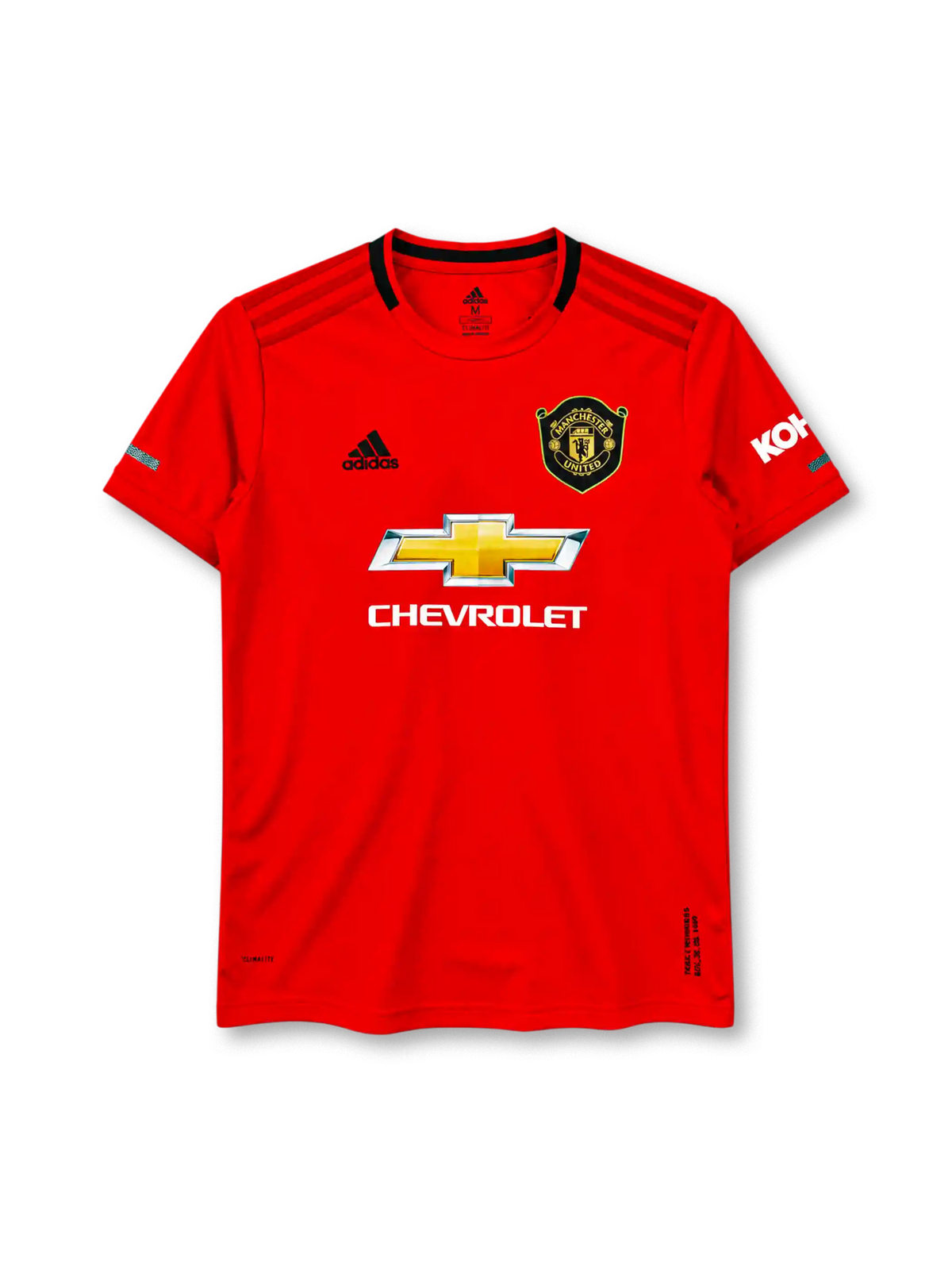 Manchester United 2019-20 home jersey in red with Chevrolet sponsor and black shoulder stripes