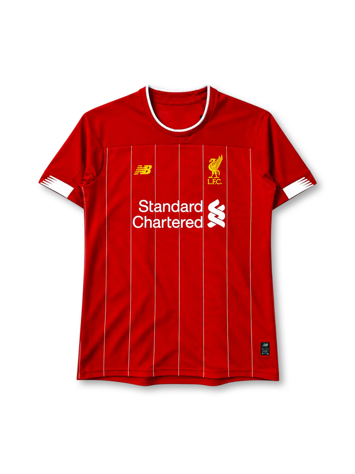 Liverpool 2019-20 home jersey in red with Standard Chartered sponsor and white pinstripes