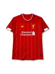 Liverpool 2019-20 home jersey in red with Standard Chartered sponsor and white pinstripes
