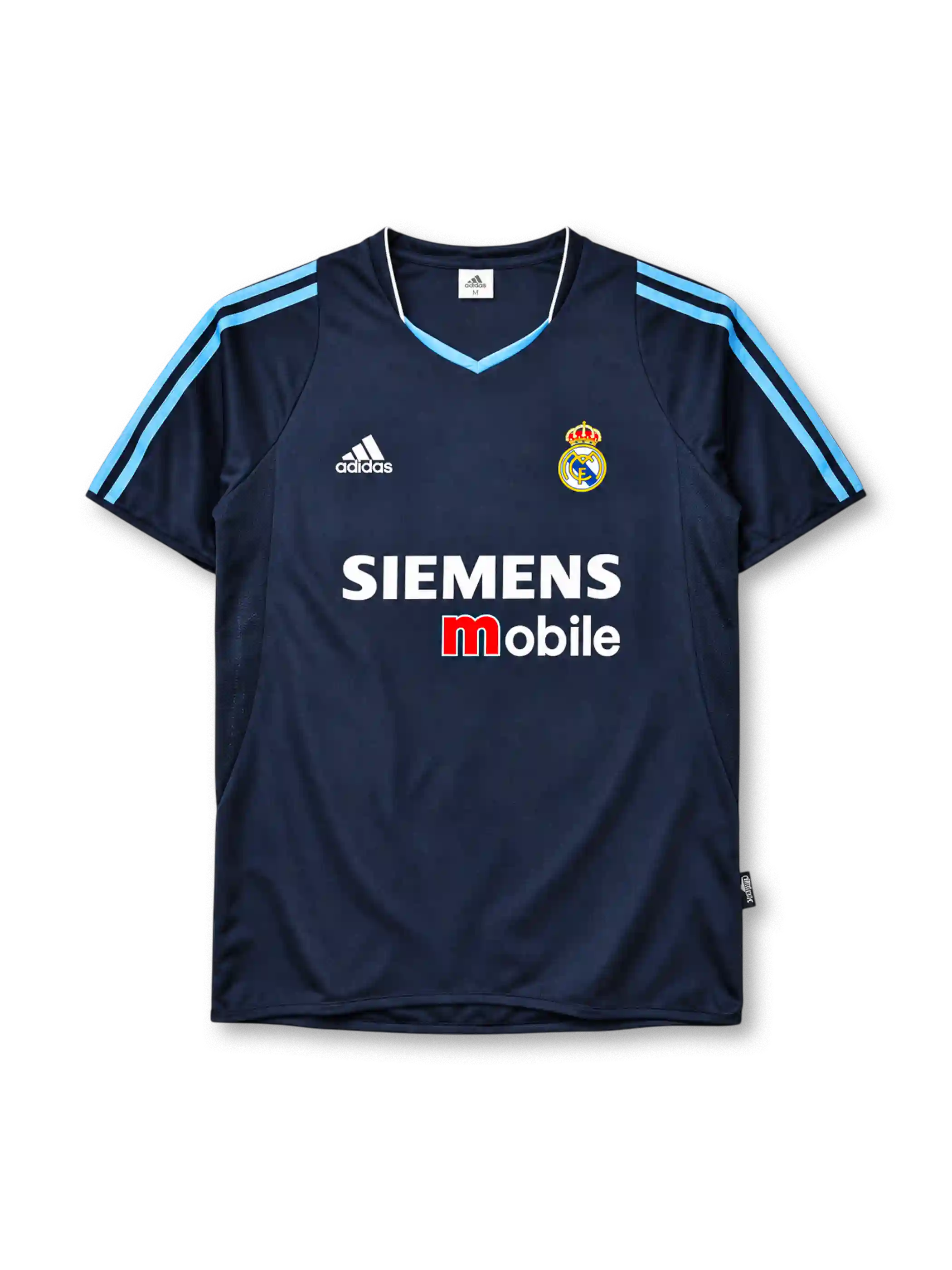 Real Madrid 2003-04 away jersey in navy with Siemens Mobile sponsor and light blue stripes