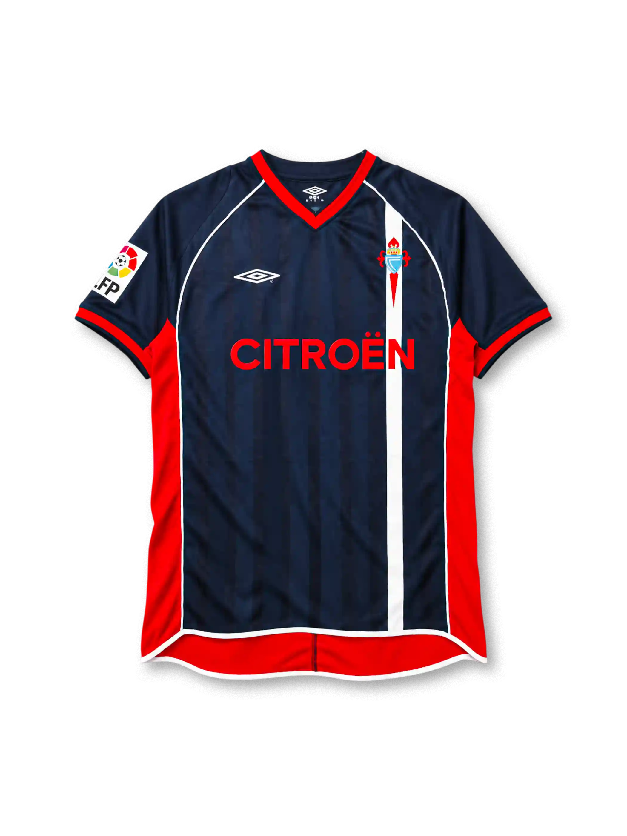Celta Vigo 2001-02 away jersey in navy with Citroen sponsor and red side panels